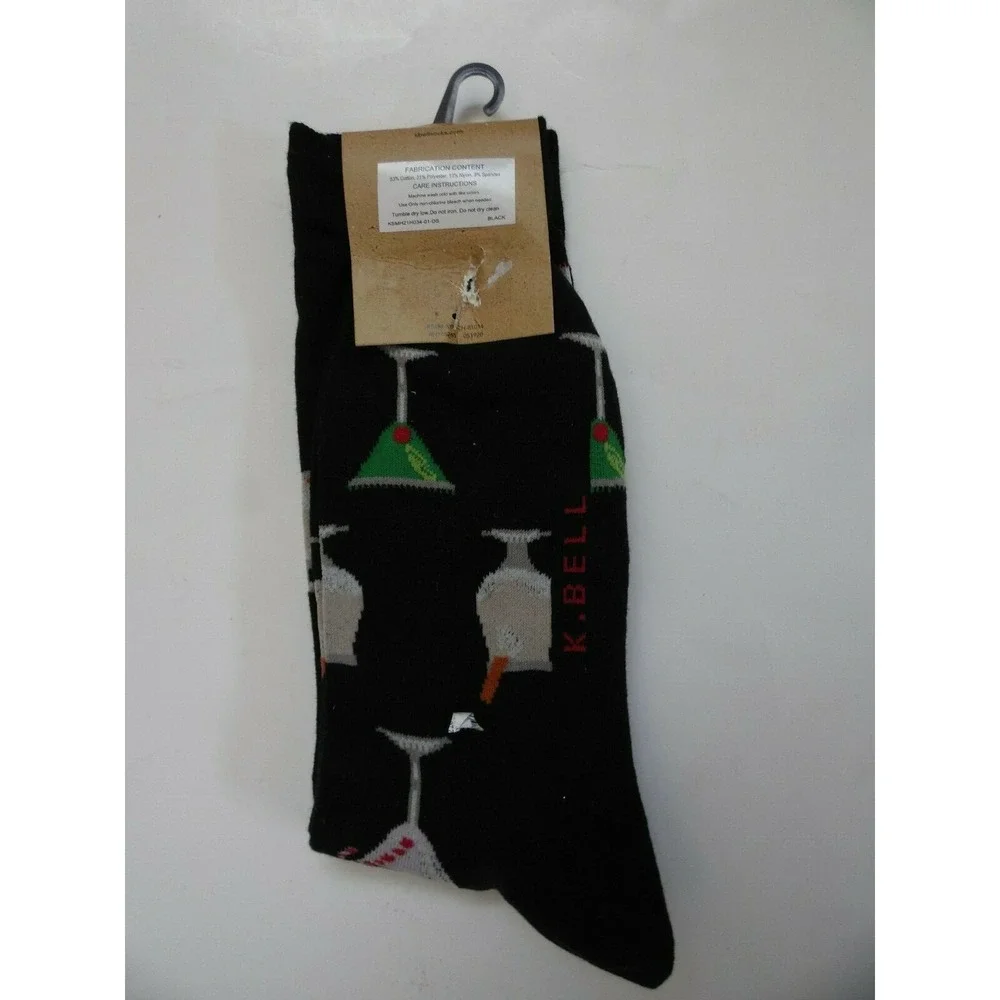 K. Bell Men's Pair‎ Socks Black Martini Cocktails Design Cotton Blend Socks NWT